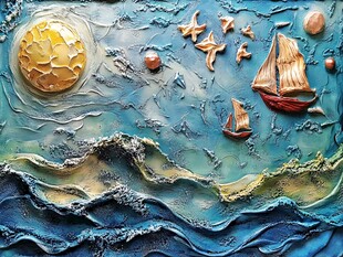 海洋浮雕艺术中的帆船与星月