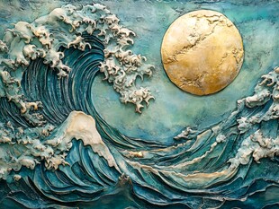 海浪与圆月的立体艺术图景