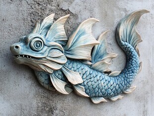 墙面蓝色鱼龙装饰雕塑