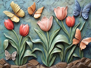 立体花卉与蝴蝶装饰画