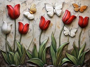 立体浮雕郁金香与蝴蝶