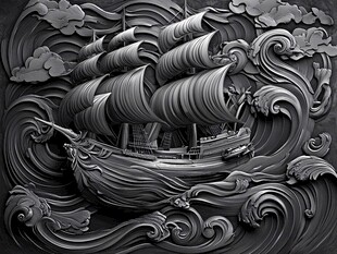 浮雕中的帆船破浪前行