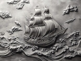 帆船浮雕 海浪云间的航行图景
