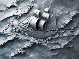 浮雕中的复古帆船破浪前行