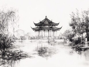 水墨园林中的古风亭阁