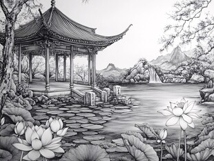 中式园林凉亭湖畔景致