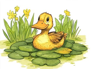 可爱小鸭休憩于浮萍花丛中