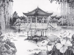 水墨中式园林湖心亭景致