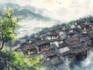 水墨山村古宅景致