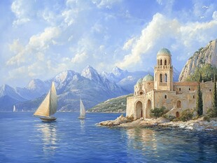 海边古堡与扬帆景致