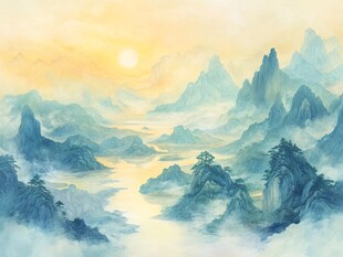 旭日耀山川 水墨绘仙境