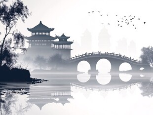 水墨江南桥畔古韵楼阁