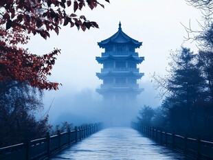 雾中楼阁 诗意中式园林景致