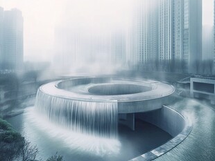 城市中梦幻环形瀑布景观
