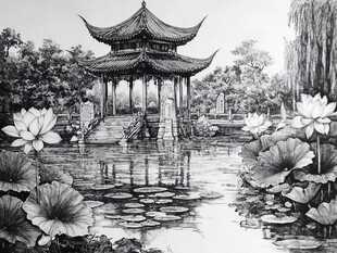 中式亭阁荷花池景致