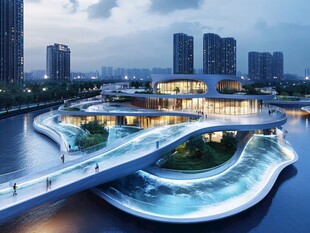 未来感河畔现代建筑景观