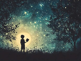 夜中少年于星空下读书