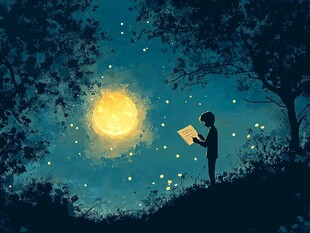 月夜下的阅读少年