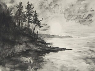 黑白海岸风景水墨画