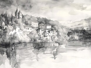 黑白水墨风河畔小镇景色