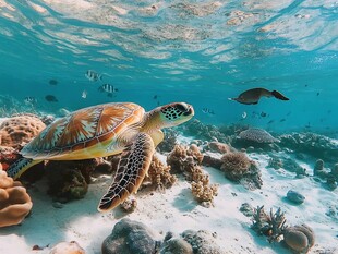 海龟悠游于绚烂海底世界