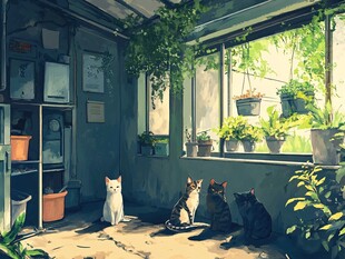 阳光房里的猫咪与绿植