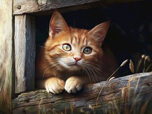 橘猫从木窗探出头张望