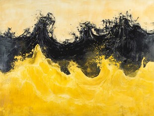 黄色黑色交融的抽象波浪画