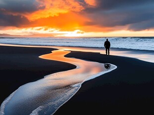 黑沙滩上的日落独行者