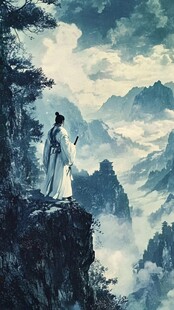 侠客立于山巅俯瞰云海