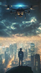城市上空的无人机操控者