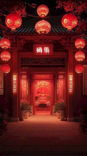 红灯笼装点的中式喜庆门庭