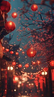 红灯笼装点的古巷夜景