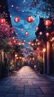 梦幻古巷夜景 灯笼繁花相伴