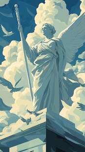 云端天使雕像与飞翔群鸟