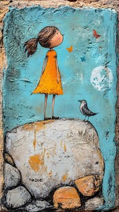 女孩与鸟的梦幻绘画场景