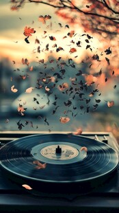 秋景中旋转的复古黑胶唱片
