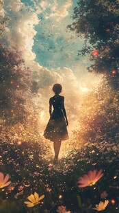 女孩漫步梦幻花草林间