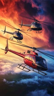 三架直升机翱翔绚丽天空