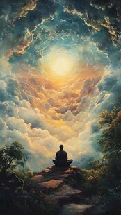 人坐云端下冥想之景