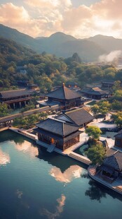 湖畔中式古建美景