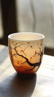 秋日树枝图案的精美茶杯