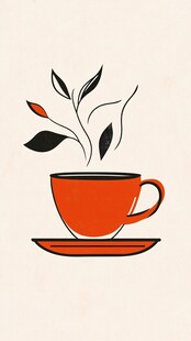 手绘红杯绿植咖啡插画