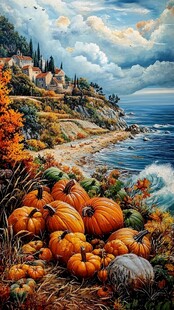 秋日海岸边的南瓜丰收景象