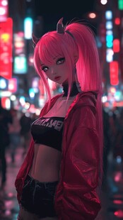 霓虹街头的酷炫粉发少女