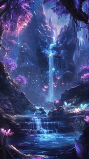 梦幻紫色仙境瀑布景观