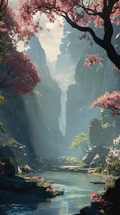梦幻山水间的烂漫桃花景