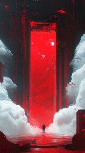 踏入神秘红门的孤独旅人