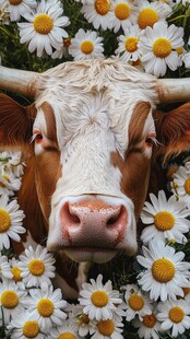 雏菊环绕的可爱牛脸