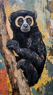 树上的黑叶猴油画形象